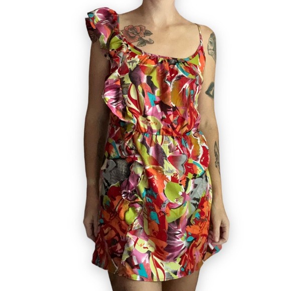 Envy Me Tropical Dress Ruffled on One Shoulder Sleeveless Size L Large Floral - Picture 6 of 12